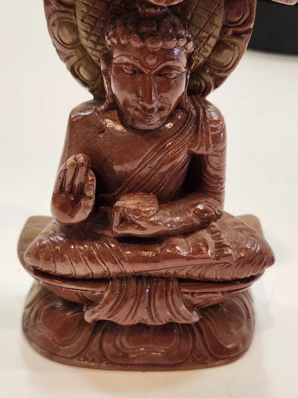 Hand-Carved Natural Soapstone Seated Buddha Statue with Bodhi Leaf Canopy